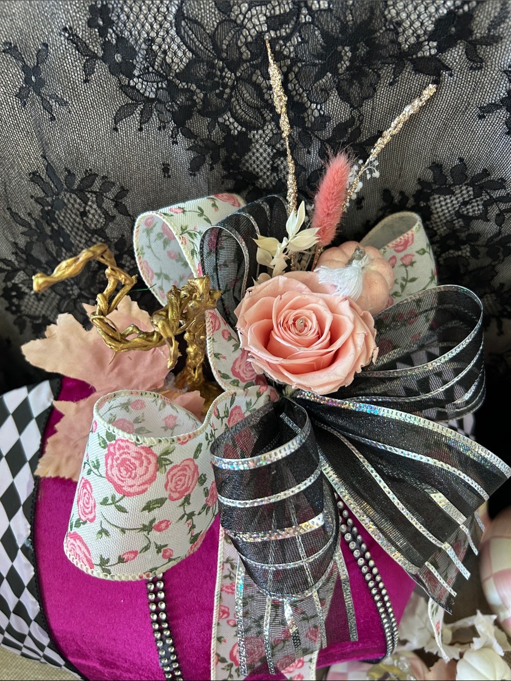 Whimsical-Fuchsia Velvet Decorative Pumpkin Wreath with Rose-Accent Bow